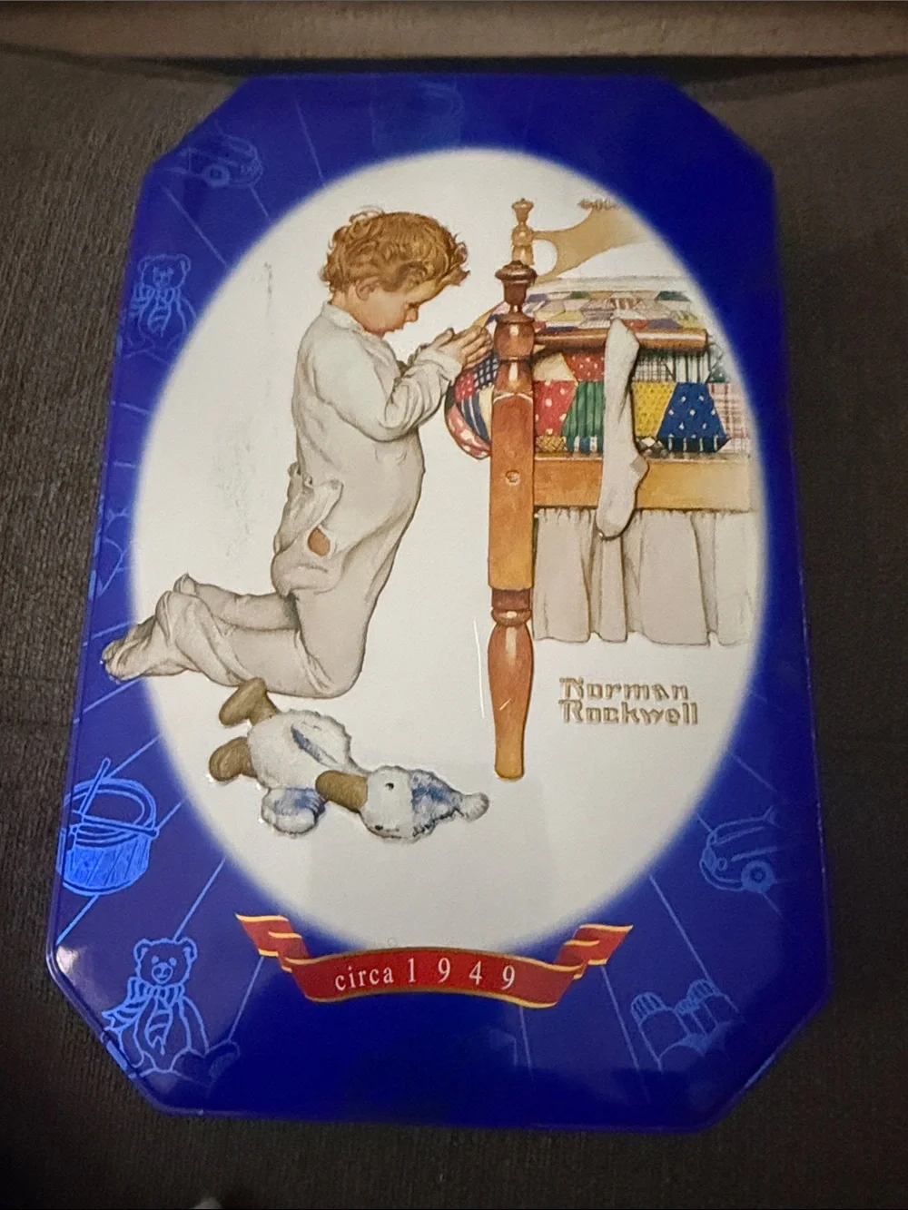 Norman Rockwell Blue Decorative Tin with Child Praying Illustration